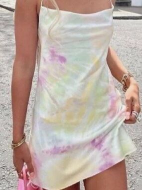 Zara White Tie-Dye Slip Mini Dress with Pastel Accents